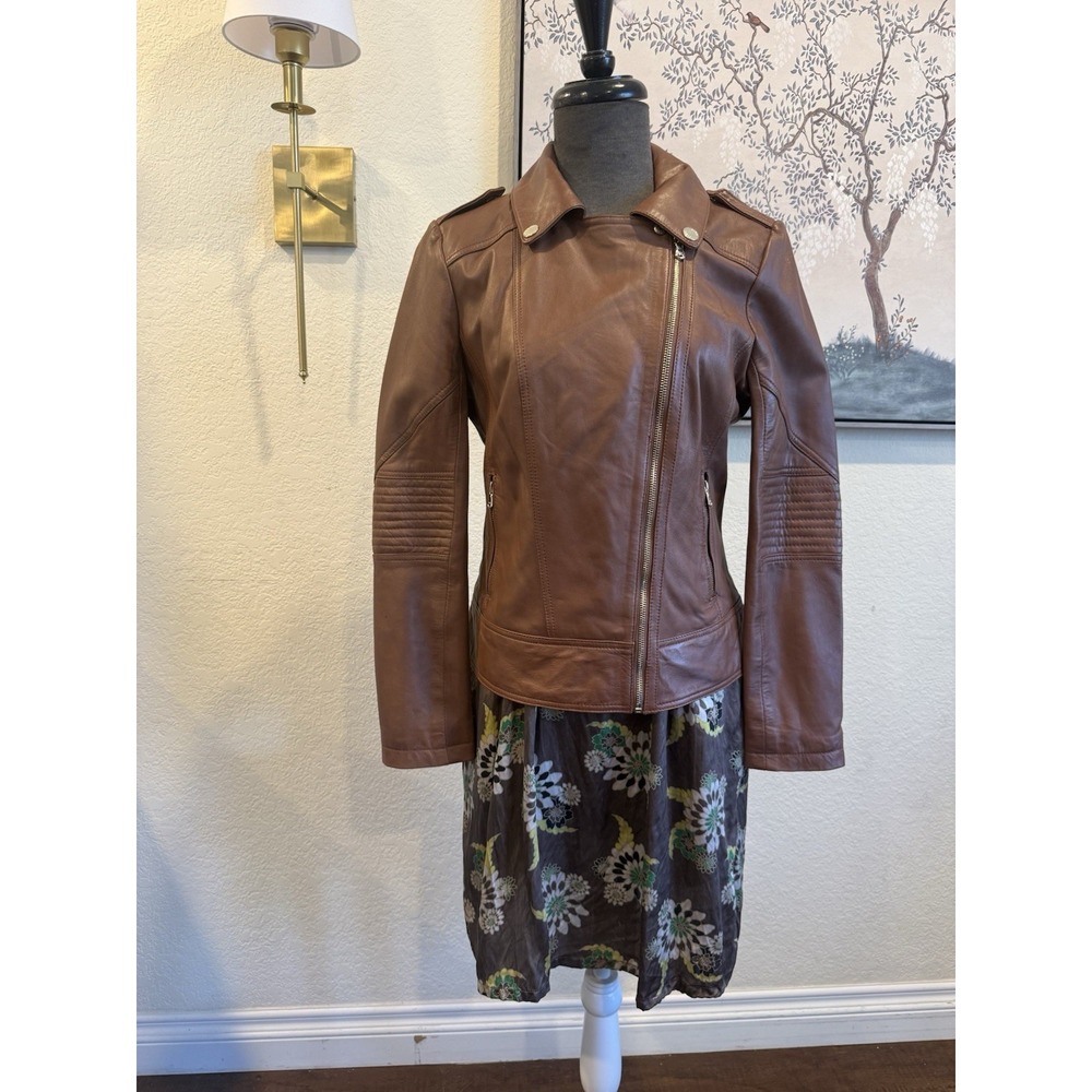 Guess Womens Brown Genuine Leather Moto Jacket Floral Lining Cognac‎ Medium
